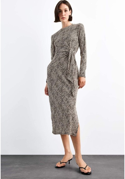 Defacto Leopar Desenli Twill Uzun Kollu Midi Elbise G0737ax25smbk81 Siyah