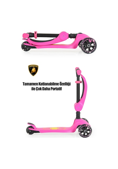 Lamborghini Lisanslı L5 2in1 Katlanabilir Oturaklı Işıklı 3 Tekerlekli Çocuk Scooter Pembe