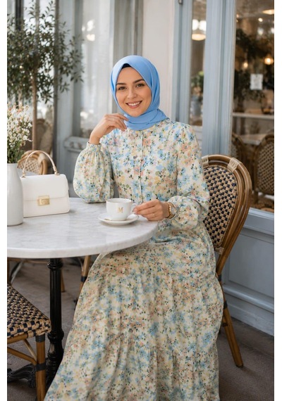 Hb Harma Time Butik Kadın Düğmeli Desenli Modal Kumaş Bej Elbise