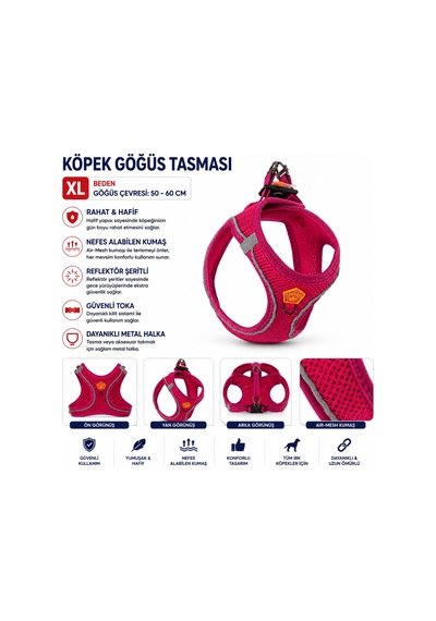 Köpek Göğüs Tasması Xl Beden Göğüs Çevresi 50-60 Cm Reflektörlü Air-mesh - Fuşya Çok Renkli