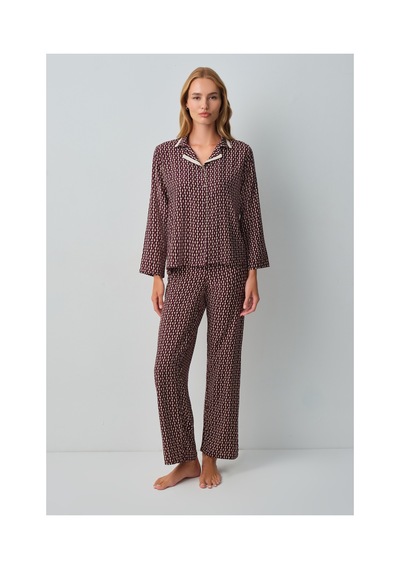 Suwen Arwen Gömlek Yaka Pijama Takımı Wsh10510171662 Bordo Desenli