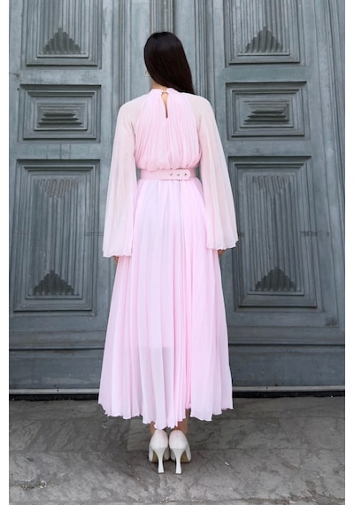 Lodmela Plise Detaylı Kemerli Rahat Form Abiye Elbise 2183-pembe Pembe