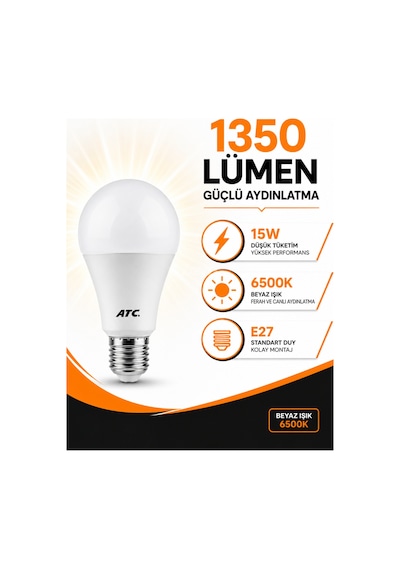 Atc 15w Led Ampul 10'lu Paket E27 Beyaz Işık 6500k 1350 Lümen Tasarruflu Led Ampul