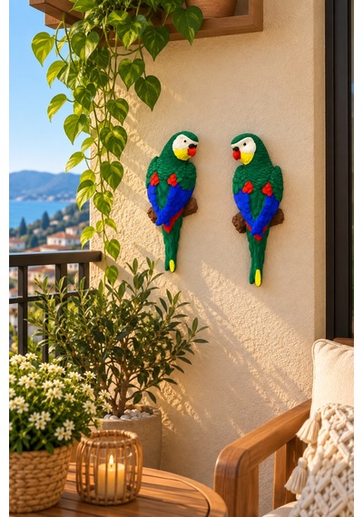 Amazon Papağan Çifti Duvar Süsü Balkon, Bahçe Ve Teras Dekoru Yeşil