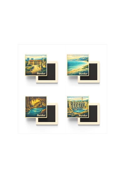Burdur - 4'lü Memleket Seti - Baskılı Buzdolap Magneti Kare - 9x9 Cm - 4 Adet