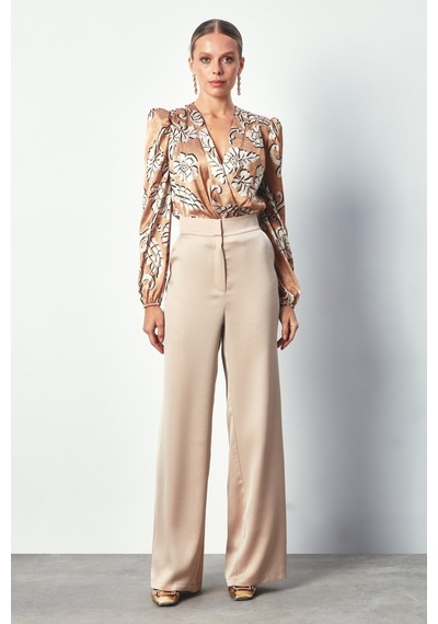 Sateen Desenli Bodysuit Bluz - Camel