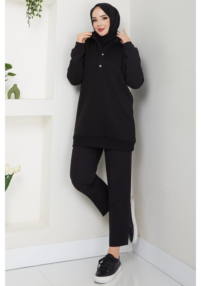 Esilanur Çıkarılabilir Kapüşonlu 3 İplik Şardonlu Sweatshirt Siyah