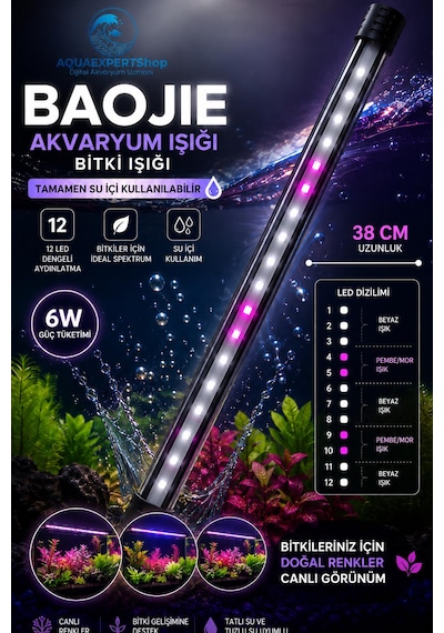 Akvaryum Işığı - Bitki Işığı - Balık Işığı - Tamamen Su İçinde Kullanılabilir - 12 Led - Pembe Beyaz - 38 Cm - Güçlü Aydınlatma - 6w