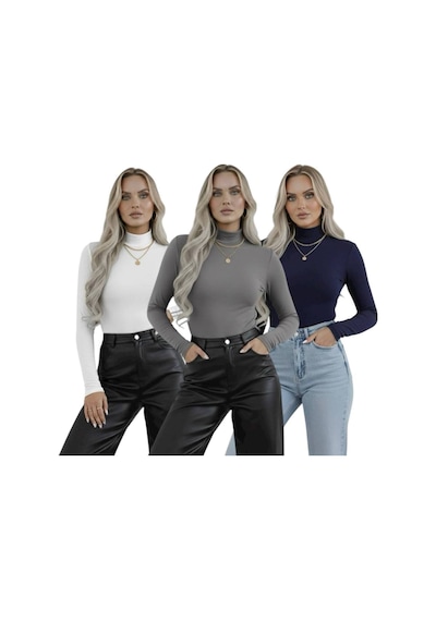 Hashtag Kadın Balıkçı Yaka Uzun Kollu Body 3'lü Set Viskon Kumaş Lacivert Beyaz Gri