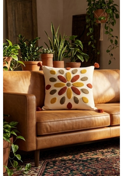 Güneş Damlası Renkli Damla Motifli Punch Nakışlı Püsküllü Pamuk Kırlent Kılıfı 42x42 Cm Kiremit