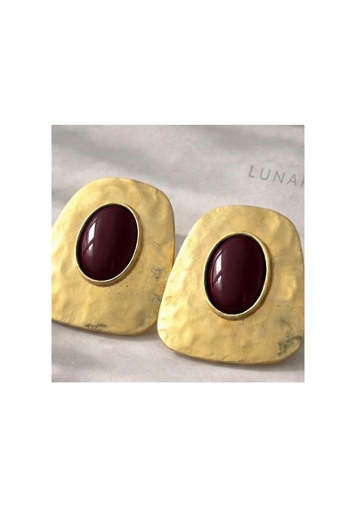 Lunarie Koyu Bordo Taşlı Çelik Gold Plakalı Küpe Kararmaz Vintage Altın