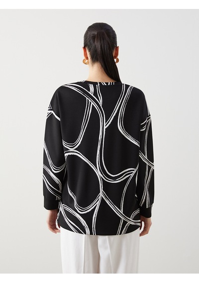 Lcw Everyday Siyah Bisiklet Yaka Desenli Oversize Kadın Sweatshirt