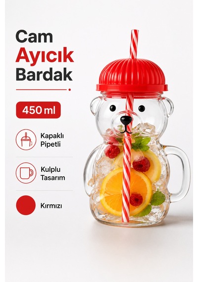 Sihirli Cam Ayıcık Bardak 450 Ml Kapaklı Pipetli Cam Kupa Ayı Figürlü İçecek Bardağı Kırmızı