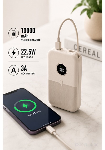 10000mah Powerbank 22.5w Hızlı Şarjlı Taşınabilir Şarj Cihazı Dahili Kablolu Krem