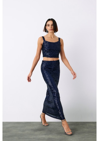 Sateen Pul Payetli Midi Etek - Lacivert-135193 Lacivert