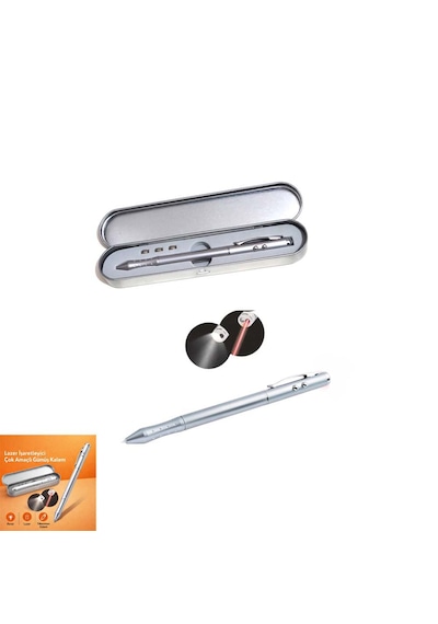 Metal Kutulu Kırmızı Lazerli, Beyaz Led Işıklı Pointer İşaretçi Kalemi Metal Tükenmez Kalem Gümüş