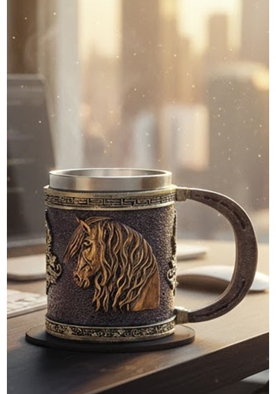 Altın Renk Asil At Başlı Çelik Kupa - 3d Kabartmalı Golden Horse Series Mug Özel Tasarım Çok Renkli