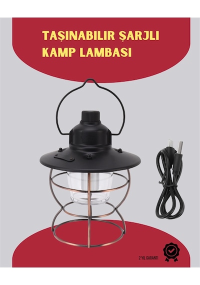Tek Usb Şarjlı Retro Led Kamp Feneri 4 Işık Modu, Su Geçirmez, Taşınabilir Najmaddin Çok Renkli