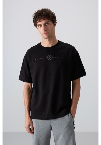Tommy Life Siyah Pamuklu Kalın Yumuşak Dokulu Oversize Fit Baskılı Erkek T-shirt - 88323 Siyah