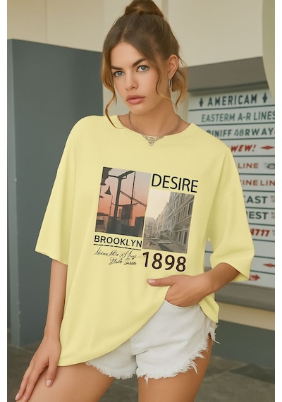 Brooklyn Baskılı Unisex Tişört Sari