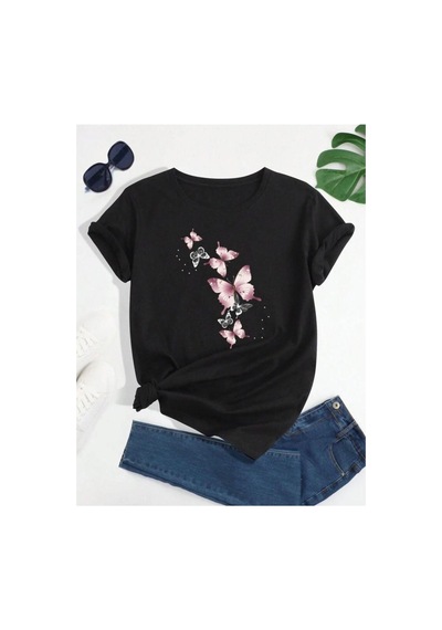 Medinenur Uçuşan Kelebekler Baskılı Basic T-shirt Siyah
