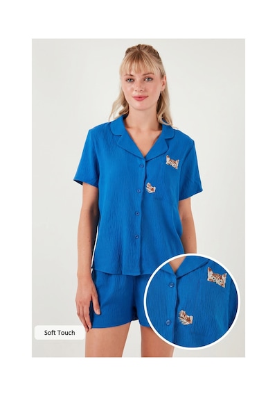 Lela Gömlek Yaka Beli Lastikli Kısa Kollu Şortlu Bayan Pijama Takımı 611Pt00123 Mavi