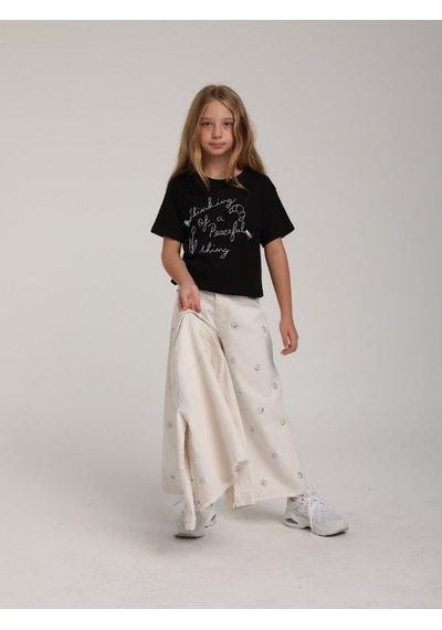 Escabel Kız Çocuk Pamuklu Yuvarlak Yaka Yarım Kol Simli T-shirt-15662 Siyah