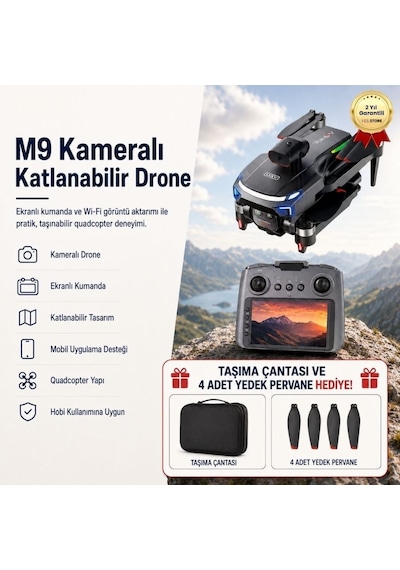 M9 Kameralı Katlanabilir Drone, Ekranlı Kumanda, Wi-fi Görüntü Aktarımı Ve Taşınabilir Quadcopter Drone-1695
