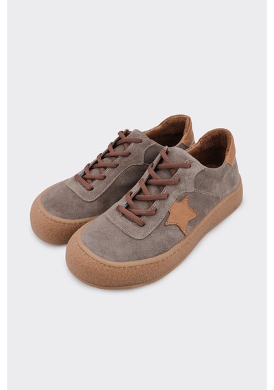 Derinet Hakiki Deri Bağcıklı Kadın Sneaker Vizon Vizon