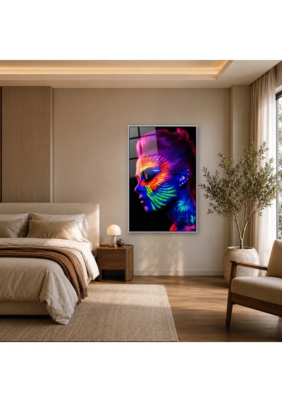 Neon Boyalı Kadın Profili Gümüş Çerçeveli Cam Tablo