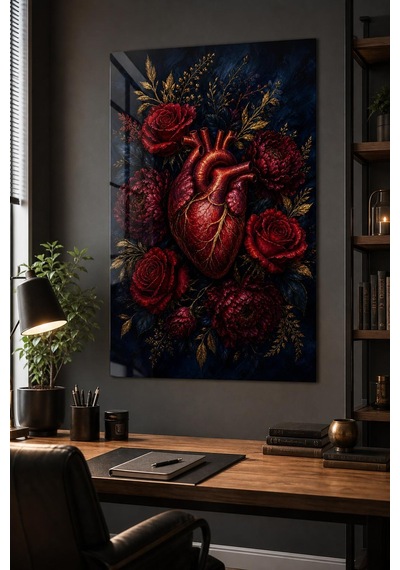 Anatomik Kalp Ve Kırmızı Çiçek Baskılı Cam Tablo Uv Baskı Dekoratif Duvar Tablosu