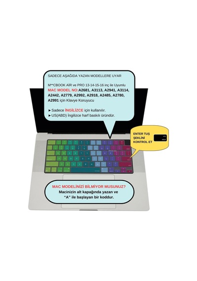 Apple Uyumlu MacBook Us İngilizce Klavye Koruyucu Amerikan Enter M1-m5 A2681 A3113 A3240 A3449 A2941 A3241 A2442 A2779 A2992 A2485 A2991 Keyboard Cover Touch Id Pembe Yeşil 40818709