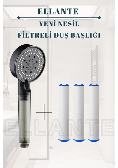Filtreli Arıtmalı Masajlı Çok Fonksiyonlu Siyah Elit Duş Başlığı + 3 Adet Filtre Çok Renkli