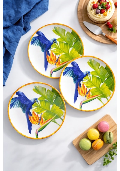 Grandora Tropikal Kuş Desenli Pasta Veya Tatlı Tabağı 6 Adet, 20 Cm Modern Ve Lüks Sunum Tabak Çok Renkli