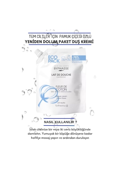 Byphasse Caresse Pamuk Çiçeği Özlü Kremli Duş Jeli Ekonomik Yeniden Dolum Paketi 1 L