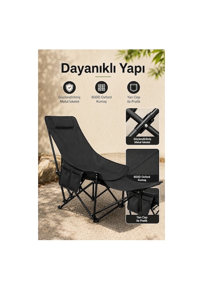 Katlanır Kamp Sandalyesi, Oturma Veya Uzanma Pozisyonunda Kullanılabilir, Çok Pozisyonlu Ayarlanabilir, Siyah.