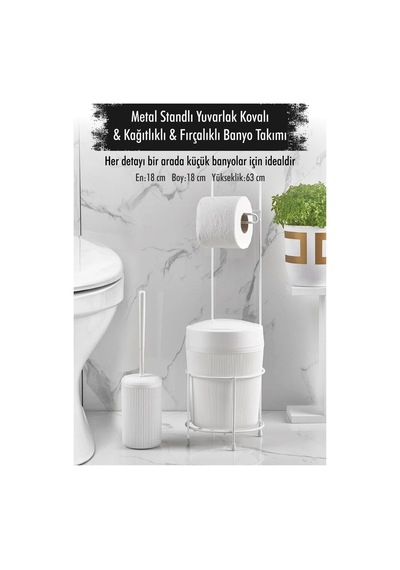 Metal Standlı Yuvarlak Kovalı & Kağıtlıklı & Fırçalıklı Beyaz Banyo Takımı