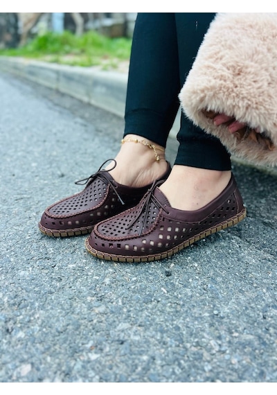 Dabab Shoes Vırena Kadın Acı Kahve Hakiki Deri File Bağcıklı Düz Taban Yazlık Babet Loafer Ayakkabı Kahverengi