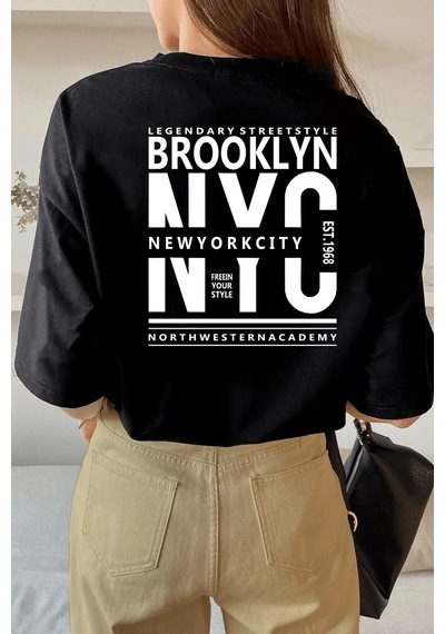 Unisex Siyah Pamuklu Oversize T-shirt Brooklyn Baskılı Siyah
