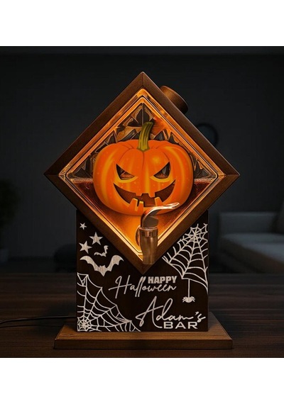 Bk Gift Kişiye Özel Halloween Tasarımlı Viski Çeşmesi Led Işıklı Ve Balkabağı Oymalı Tasarımlı Özel İsimli Cadılar Bayramı Ahşap Viski Çeşmesi Kobit Renkli