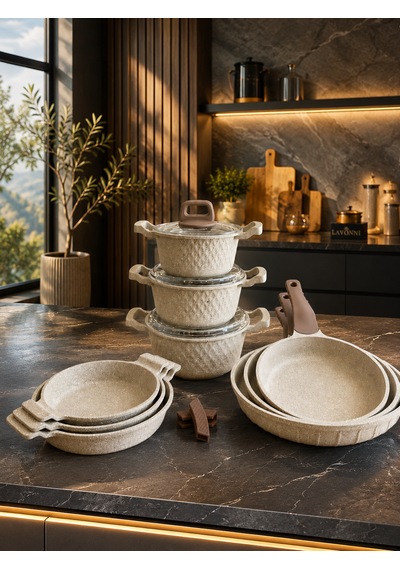 Obsidyen Prestige Mega Set 12 Parça Döküm Granit Tencere Tava Ve Sahan Seti 16-18-20 Cm Tencere 18-20-22 Cm Sahan 20-24-28 Cm Tava Cappuccino Kahverengi