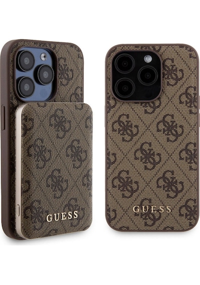 Apple Uyumlu iPhone 14 Pro Kılıf Guess Lisanslı Magsafe Özellikli Kapak + Powerbank 5000mah Kahverengi
