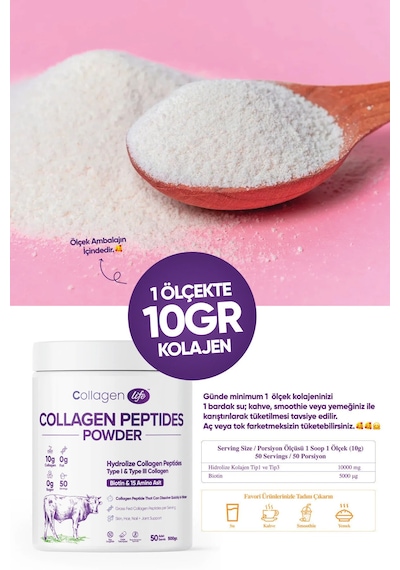 Collagen Life %100 Saf Ve Doğal Yüksek Biyoaktif Çift Hidrolize Kolajen Peptitler İçeren Diyet Takviyesi 50günlük