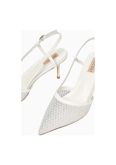 Nicoli Joel 75 Kristal Slingback Topuklu Ayakkabı, Işıltılı Mesh Tasarım Beyaz