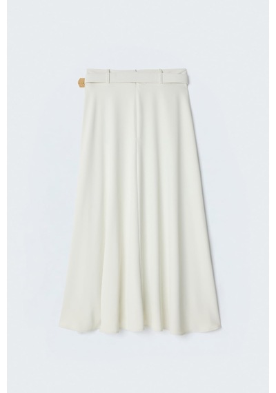 Sateen Kemerli Yırtmaç Detaylı Kloş Etek - Ekru-137417