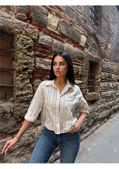WeShaya Vizon Çizgili Cepli Gömlek Kumaş Gömlek Vizon