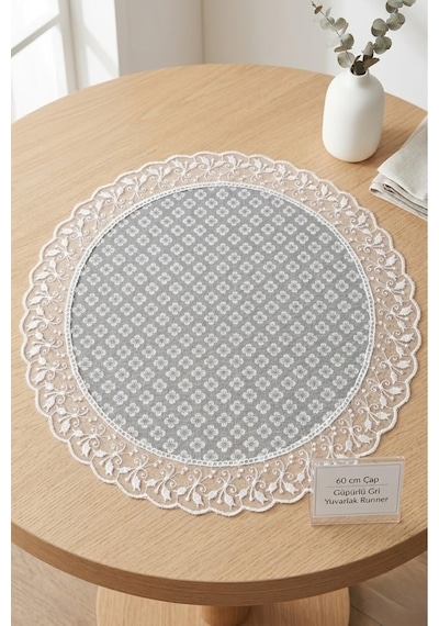 Yuvarlak Runner - 60 Cm Dekoratif Örtü Şık Masa Örtüsü Sofra Bezi Gri