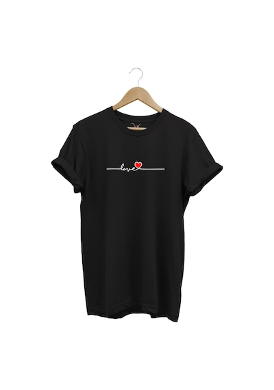 Sevgililer Günü Hediyesi Love Yazı Baskılı Kalpli %100 Pamuk Regular Fit Bisiklet Yaka Siyah T-shirt Siyah