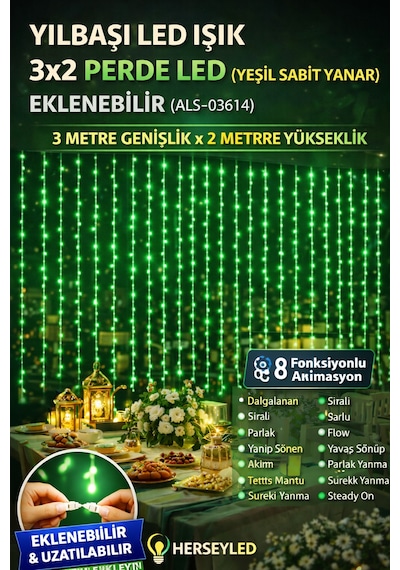 Yılbaşı Led Işık 3x2 Perde Led Yeşil Sabit Yanar Eklenebilir Yeşil