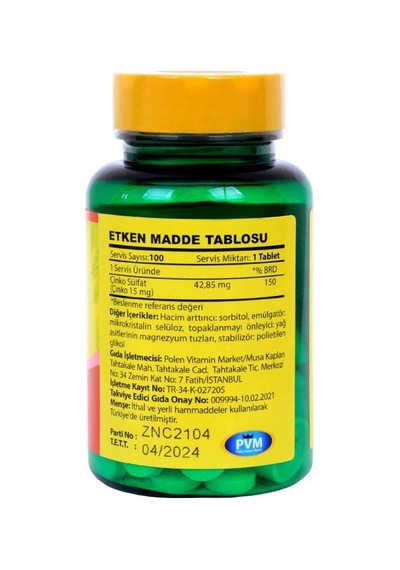 Vitapol Çinko Sülfat 15 Mg 100 Tablet Zinc
